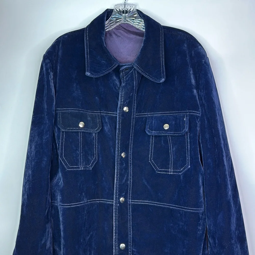 Vintage Blue Velveteen Snap Button Rockabilly Western Jacket Size Large 70s